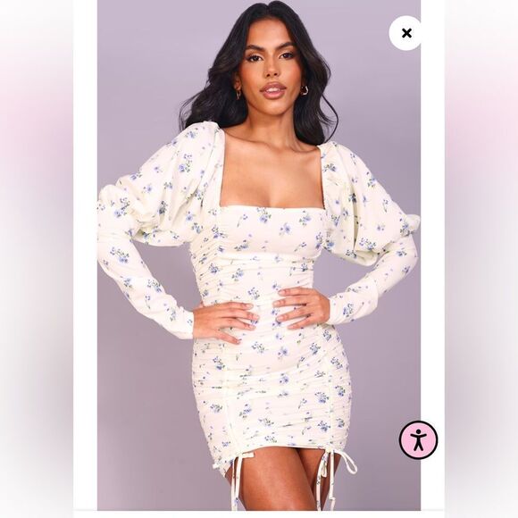 Prettylittlething Cream Floral Woven Ruched Long Sleeve Bodycon Dress NWT - Picture 1 of 9